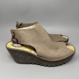 Fly London | Ypul Perforated Peep Toe Lace Up Wedge Sandals Taupe Beige Size 8